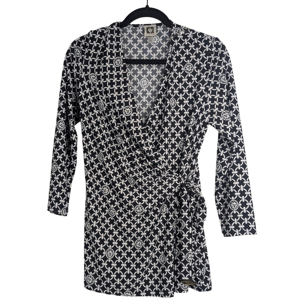 M Anne Klein Women Black White Chain Link Print Faux Wrap Tunic Top Gold